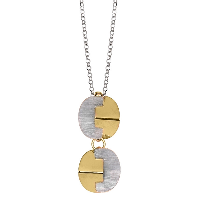 Double Drop Pendant Necklace. Geometric pieces fit together like a puzzle, done in Brushed Silver & Yellow Gold Plated. Made in 925 Sterling Silver by Frederic Duclos. Pendant Length 1 1/2 inch. Chain 16" to 18" adjustable. Matching Earrings available