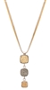 Frederic Duclos Pendant Necklace features 3 Druzy drops in alternating Gold & Grey, descending in size. It has a double chain - one in Silver & one in Yellow Gold plated. Made in 925 Sterling Silver. Pendant L 2" X W 5/8". Chain 16" to 18" adjustable.