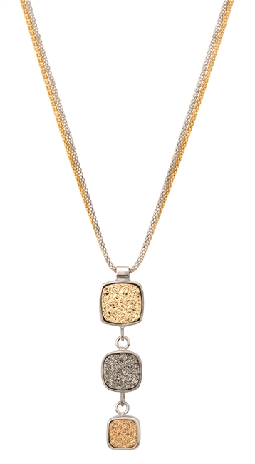 Frederic Duclos Pendant Necklace features 3 Druzy drops in alternating Gold & Grey, descending in size. It has a double chain - one in Silver & one in Yellow Gold plated. Made in 925 Sterling Silver. Pendant L 2" X W 5/8". Chain 16" to 18" adjustable.