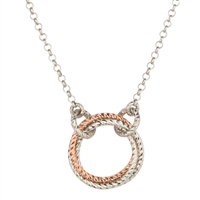 "Infinity" Ring Necklace by Frederic Duclos  holds 3 Rings, laser cut, two in White Sterling & one in Rose Gold Plated. You have to love the simplicity of this Sterling Silver Pendant. Pendant 3/4" diameter. Chain 17" to 19" adjustable.