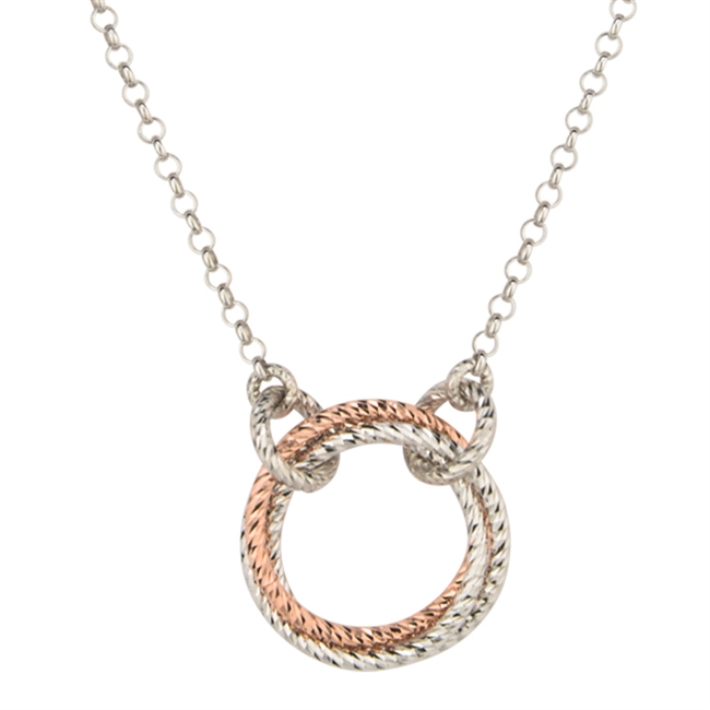 "Infinity" Ring Necklace by Frederic Duclos  holds 3 Rings, laser cut, two in White Sterling & one in Rose Gold Plated. You have to love the simplicity of this Sterling Silver Pendant. Pendant 3/4" diameter. Chain 17" to 19" adjustable.