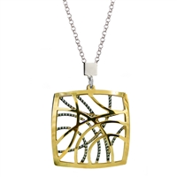 This dimensional Pendant back piece is White Sterling Silver laser cut to appear as if there are gems inlaid. The beveled, Yellow Gold Plated over piece, creates a window affect. By Frederic Duclos. Pendant 1 1/4" square. Chain 16" to 18" adjustable