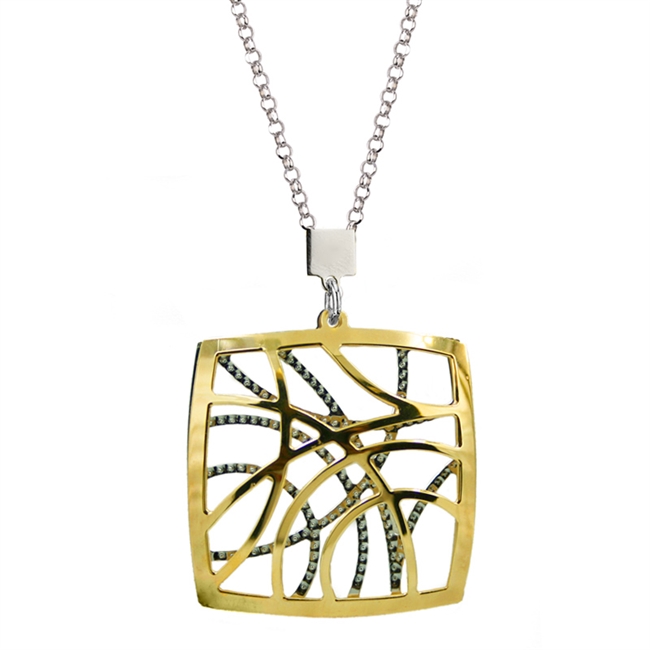 This dimensional Pendant back piece is White Sterling Silver laser cut to appear as if there are gems inlaid. The beveled, Yellow Gold Plated over piece, creates a window affect. By Frederic Duclos. Pendant 1 1/4" square. Chain 16" to 18" adjustable