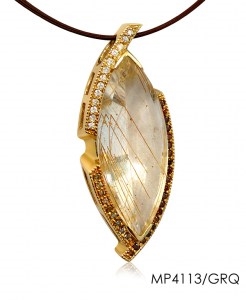 One-of-a-Kind piece by designer Frank Ruebel. Crafted in 14k Yellow Gold, the center Gemstone is a 27ctw Golden Rutilated Quartz. It is framed on one side with .63ctw Diamonds, and on the other with .50ctw Garnets. L 2 1/2" X W 1". Pendant Only