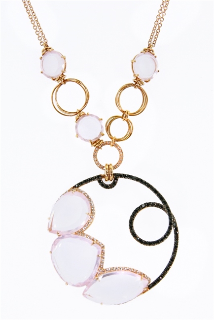 Designer Pink Quartz & Diamond Pendant Necklace in 18K Gold