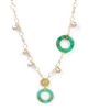 A stunning Green Jade Disc, Baroque Pearl & Diamond Necklace high with Asian influence. The Jade Discs are enhanced with Oriental Letters and the Golden Disc Pendant has 0.13ct Diamonds Pave set. Made in 18k Yellow Gold by Leaderline. Lobster Clasp.
