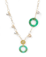 A stunning Green Jade Disc, Baroque Pearl & Diamond Necklace high with Asian influence. The Jade Discs are enhanced with Oriental Letters and the Golden Disc Pendant has 0.13ct Diamonds Pave set. Made in 18k Yellow Gold by Leaderline. Lobster Clasp.