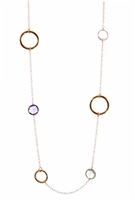 Long 18k Rose Gold Chain Necklace, large Gold Hoops, bezel set Pink Quartz, Green Amethyst & Purple Amethyst Gemstones. Asymmetrical, it can be worn long, doubled or layered with other pieces. Made in Italy by Zoccai.