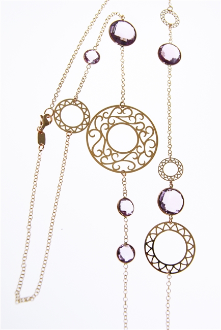Long, 18k Rose Gold Chain Necklace. Multi-sized, laser cut, Gold rings are like pieces of lace floating in air. The multi-sized, bezel set, faceted Amethyst Gemstones are the perfect neutral.  Wear alone, double or layer with other pieces. Made in Italy
