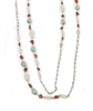 Extra long Beaded Necklace can be worn multiple ways. Filled with soft Green Fluorite & Moonstone Gemstones that accented with the red of Coral Beads. The Sterling Silver chain is accented with small Pyrite Beads for a hint of sparkle.  Length 76 inches