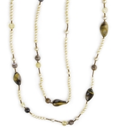 Long Cream Pearl Necklace with Tiger Eye, Citrine & Agate Gemstones of various shapes & sizes. A touch of Copper Hematite Beads are added for a little sparkle. No Clasp. 47" in length. Made in Italy by Rajola.