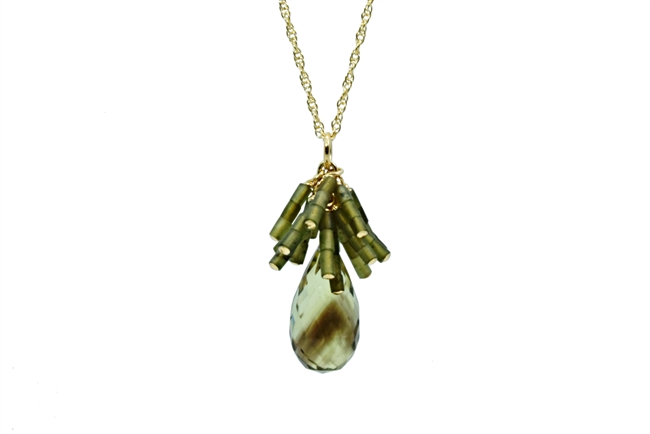 A faceted Lemon Quartz Gemstone drop with a fan cluster of Green Jade Beads above. Beautiful designer Pendant Necklace by Silver Pansy. Hand crafted in the U.S. Gold Filled Sterling Silver Chain, 18 inch long. Pendant length 1 1/4" Width 5/8"