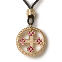 Tuum's best expression of their passion for craftsmanship can be found in the Pendant version of FLORE-symbol of life, in Gold plated sterling, Red Ruby gemstones, and the micro sculpture Latin relief of "Pater Noster" (Lords Prayer) on the outer ring