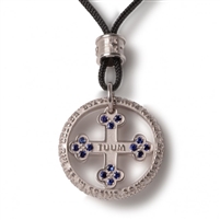 Tuum's best expression of their passion for craftsmanship can be found in the Pendant version of FLORE-symbol of life, in White Rhodium sterling, Sapphire gemstones, and the micro sculpture Latin relief of "Pater Noster" (Lords Prayer) on the outer ring