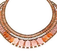 this statement Necklace in various shades of Pink & Peach is sure to get noticed as it is the Color of the Year. Morganite, Moonstone & Orange Zircon Gemstones compliment each other. Accented with White Water Pearls and Murano Glass Seed Beads