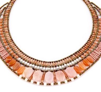 this statement Necklace in various shades of Pink & Peach is sure to get noticed as it is the Color of the Year. Morganite, Moonstone & Orange Zircon Gemstones compliment each other. Accented with White Water Pearls and Murano Glass Seed Beads