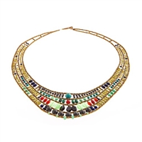 beautiful Art-to-Wear Statement Bib Necklace by Ziio. Done in Carnelian, Chrysoprase, Lapis, Zircon & Blue Agate Gemstones with Hematite & Murano Glass Beads. Beaded on Stainless Steel wire. 925 Sterling Silver Button Closure