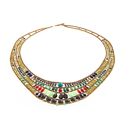 beautiful Art-to-Wear Statement Bib Necklace by Ziio. Done in Carnelian, Chrysoprase, Lapis, Zircon & Blue Agate Gemstones with Hematite & Murano Glass Beads. Beaded on Stainless Steel wire. 925 Sterling Silver Button Closure