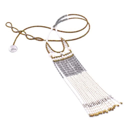 This extra long Tassel Pendant Necklace is done in the soft hues of Silver, White & Gold. Mother of Pearl Beads, White Water Pearls & shimmering silver Labradorite Gemstones. Hand crafted in Italy on stainless steel wire with Golden Murano Glass Beads