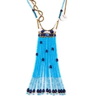 This extra long Tassel Pendant Necklace is done in a harmonious blend of various Blue Gemstones. Blue Zircon, Lapis, Kyanite & Apatite accented with Black Spinel & White Water Pearls. Hand crafted in Italy on stainless steel wire with Murano Glass Beads.