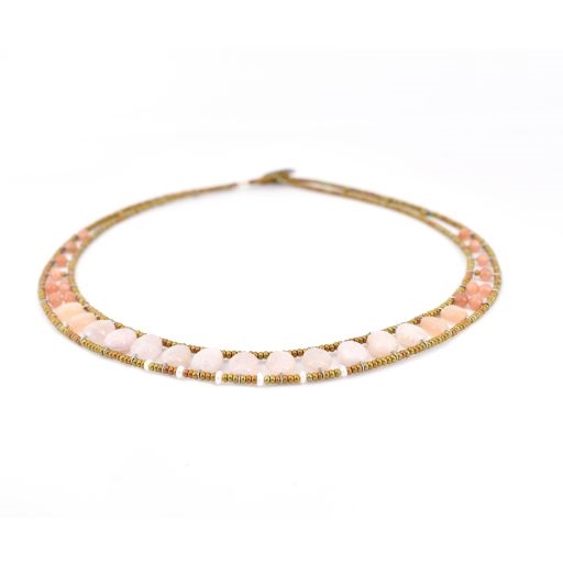 Ziio's thin beaded Giro Necklace in the warm sun tones of Morganite & Moonstone Gemstones.  A great beaded piece to add a subtle touch of color. Hand crafted in Italy on Stainless Steel wire with Murano Glass Seed Beads. Sterling Silver Button Closure