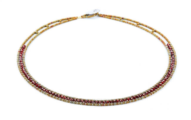Ziio's narrow Giro Necklace in brilliant Red Zircon Gemstones. Beaded on Stainless Steel wire with Murano Glass seed Beads. Hand crafted in Italy