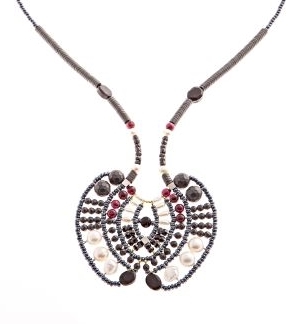 From Ziio's Aki Collection, this is a beautiful Art-to-Wear long Statement Pendant Necklace. Done in Black Onyx, Spinel, Zircon & Garnet Gemstones with White Water Pearls, Hematite & Murano Glass Beads. Beaded on Stainless Steel wire.