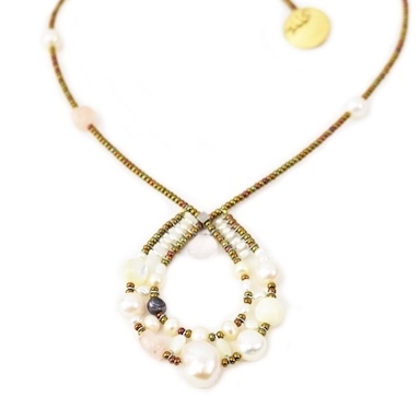 Ziio's new Shinju Collection, this Pearl Pendant Necklace is a modern take on the classic Pearls. Various size & colors of water Pearls & Mother of Pearls are mixed with Morganite Gemstones in a soft, beautiful harmony. Made in Italy