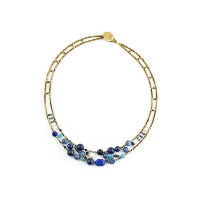 this beaded Blue Gemstone Necklace is a beautiful medley of Blue's in various sizes & shapes -  Iolite, Agate, Amazonite & Apatite. Made in Italy on Stainless Steel wire with golden Murano Glass beads for the framework. made in italy by ziio