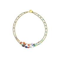 this beaded, vibrant Multi-Color Gemstone Necklace is a beautiful medley of various sizes & shapes - Agate, Amazonite, Amber, Amethyst, Carnelian & Lapis - to name a few. Made in Italy on Stainless Steel wire with golden Murano Glass beads