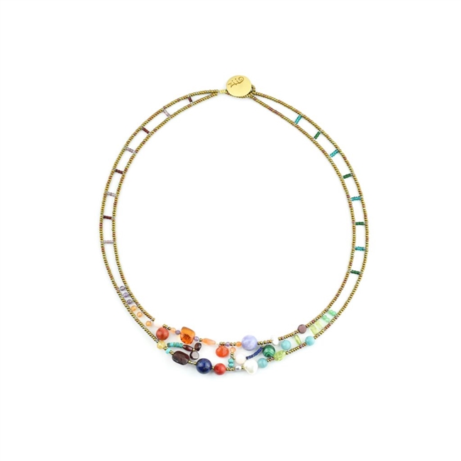 this beaded, vibrant Multi-Color Gemstone Necklace is a beautiful medley of various sizes & shapes - Agate, Amazonite, Amber, Amethyst, Carnelian & Lapis - to name a few. Made in Italy on Stainless Steel wire with golden Murano Glass beads