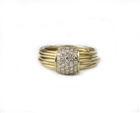 A wonderful Pave, White Diamond Ring in 18k Yellow Gold. 0.57ctw Diamonds. The band is solid, but made to look like muti-bands. This is a ring that is sure to get attention, yet can be worn everyday. Diamond setting area 3/8" square. Size 7.