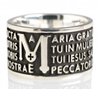 The Animae collection by Tuum is the Sterling Silver rhodium plated version of their ring creations. This is the "Mater" with the Ave Maria (Hail Mary) Latin text written in over four lines. Crafted in 925 Sterling silver with a burnished finish