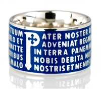 The Animae collection by Tuum is the Sterling Silver rhodium plated version of their ring creations. This is the "Pater" with the Pater Noster (Our Father) Latin text written in relief in over five lines. Crafted in 925 Sterling with blue enamel overlay