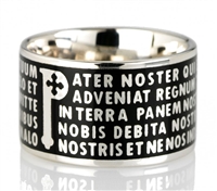 The Animae collection by Tuum is the Sterling Silver rhodium plated version of their ring creations. This is the "Pater" with the Pater Noster (Our Father) Latin text written in relief in over five lines. Crafted in 925 Sterling with black enamel overlay