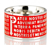 The Animae collection by Tuum is the Sterling Silver rhodium plated version of their ring creations. This is the "Pater" with the Pater Noster (Our Father) Latin text written in relief in over five lines. Crafted in 925 Sterling with red enamel overlay