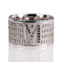 The Animae collection by Tuum is the Sterling Silver rhodium plated version of their ring creations. This is the "Mater" with the Ave Maria (Hail Mary) Latin text written in over four lines. Crafted in 925 rhodium Sterling with Black Spinel gemstones