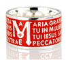 The Animae collection by Tuum is the Sterling Silver rhodium plated version of their ring creations. This is the "Mater" with the Ave Maria (Hail Mary) Latin text written in over four lines. Crafted in 925 Sterling with an overlay of Red Enamel