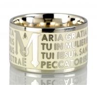 The Animae collection by Tuum is the Sterling Silver rhodium plated version of their ring creations. This is the "Mater" with the Ave Maria (Hail Mary) Latin text written in over four lines. Crafted in 925 Sterling with an overlay of white Enamel