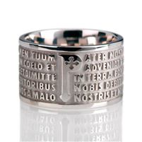 The Animae collection by Tuum is the Sterling Silver rhodium plated version of their ring creations. This is the "Pater" with the Pater Noster (Our Father) Latin text written in relief in over five lines. Crafted in White Rhodium 925 Sterling Silver