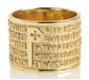 Ring features the "Pater Noster" (Lords Prayer) latin text in relief. The design is unique in that the five lines of the text frame the iconic "P". in 18k Yellow Gold with a brilliant diamond positioned manually in each "O" throughout the text