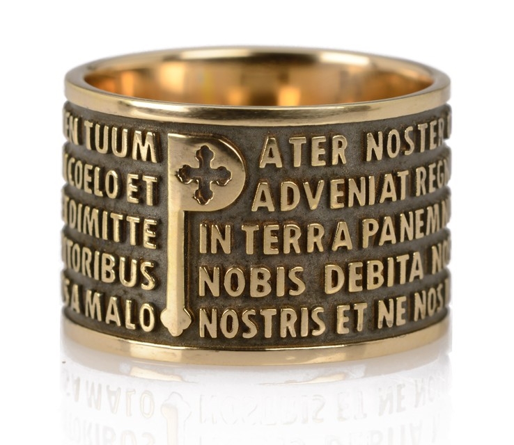 Ring features the "Pater Noster" (Lords Prayer) latin text in relief. The  design is unique in