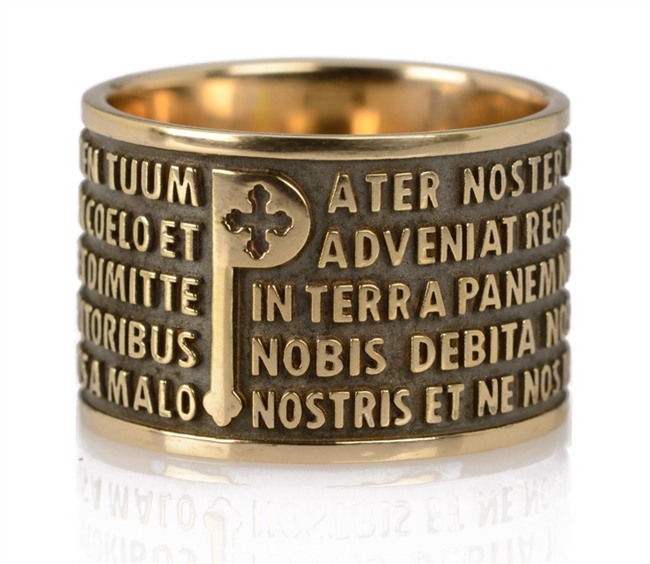 Ring features the "Pater Noster" (Lords Prayer) latin text in relief. The design is unique in that the five lines of the text frame the iconic "P". in 925 Bronzed sterling silver. made in Italy by Tuum