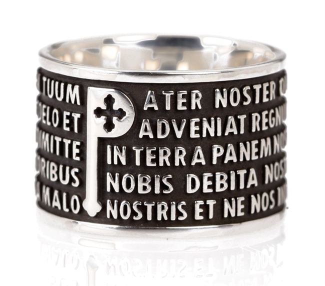Ring features the "Pater Noster" (Lords Prayer) latin text in relief. The design is unique in that the five lines of the text frame the iconic "P". in 925 Burnished sterling silver. made in Italy by Tuum