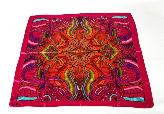 Ziio's Jungle Print Silk Scarf in Pink. 36" Square in Silk Satin. A beautiful pattern in Pink and Orange with shades of Blue and Green. Made in Italy with a hand rolled finished edge.