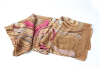 Ziio's Jungle Print Cashmere Shawl in Beige. A beautiful pattern in Beige, Tan, Pink and Cream with shades of Blue. Made in Italy with a hand rolled finished edge. L 82" X W 27"