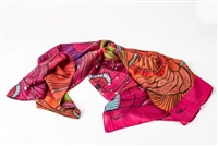 Ziio's Pink Jungle Print Shawl in 100% Cashmere. A beautiful pattern in Pink, Orange and Cream with shades of Green & Blue. A nice light weight. Made in Italy with a hand rolled finished edge. L 82" X W 27"