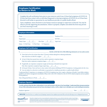 Employee Certification to Return to Work Form (Pack of 25)