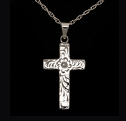 Sterling Silver Floral Pattern Hand Engraved Cross