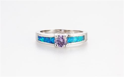 .925 sterling silver and purple cubic zirconia center stone blue opal ring